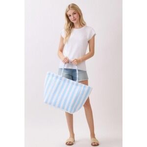 Beach Tote Bag Blue White Stripes Large Canvas Carryall Travel